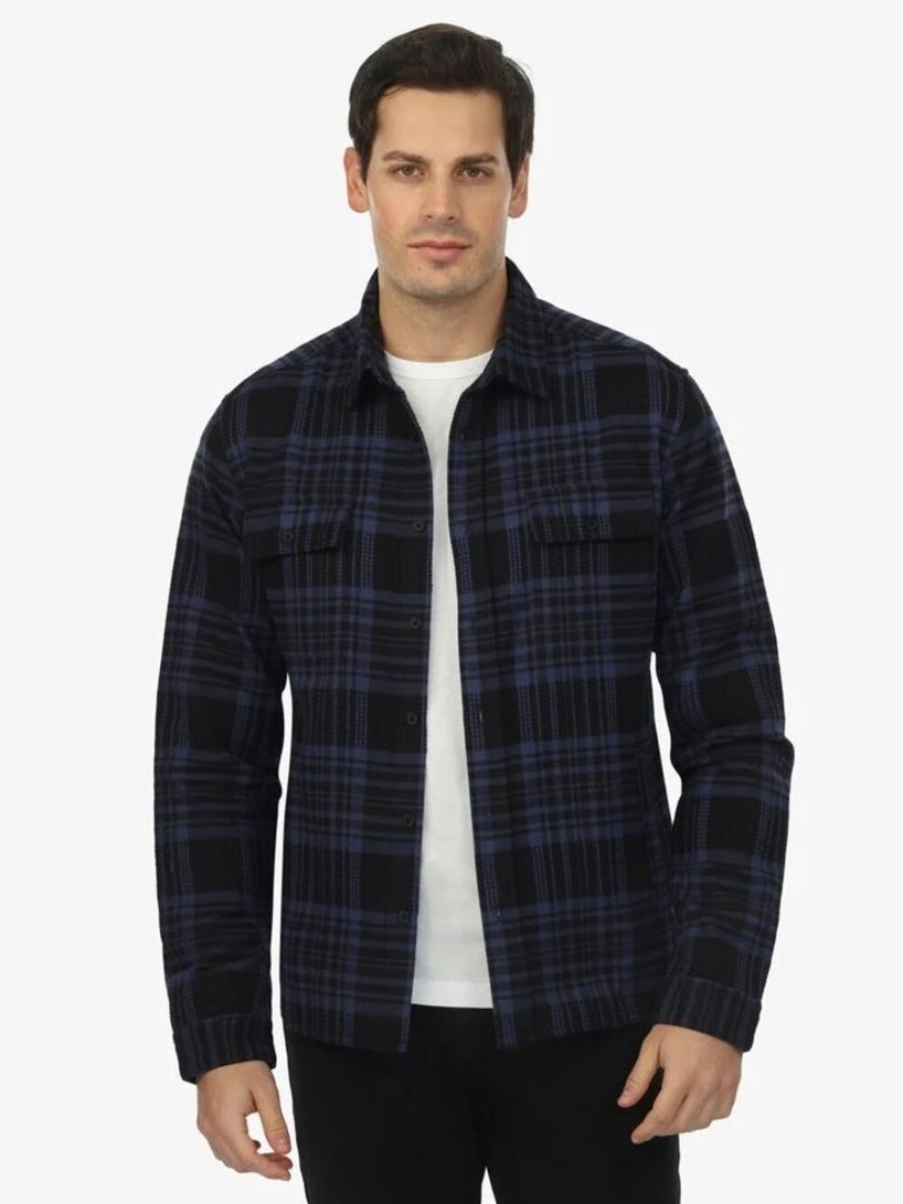 Vustra Navy/Black Plaid Organic Cotton Textured Shacket/26018